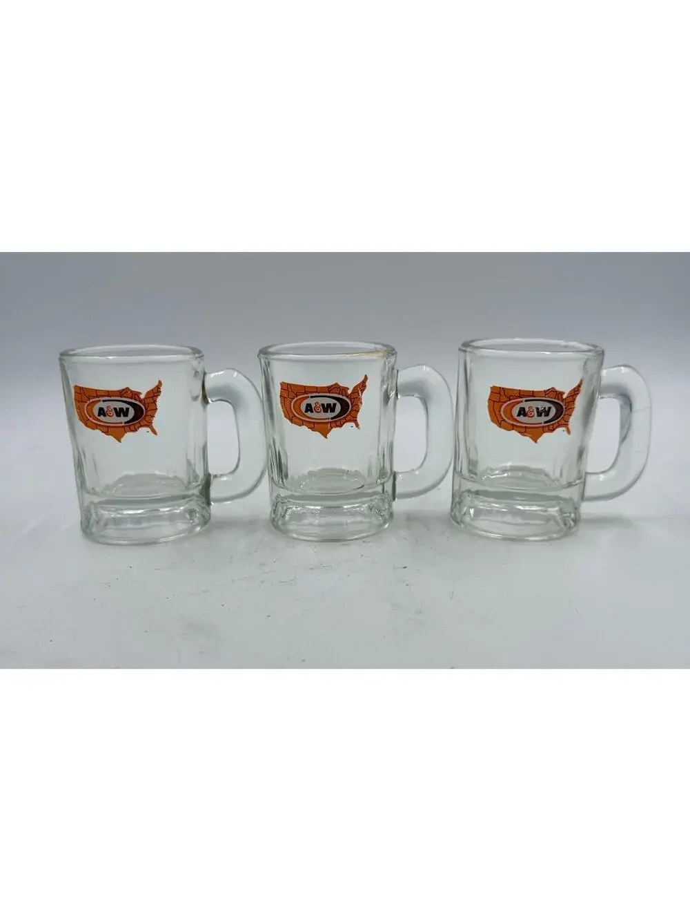 Set of 3 Vintage A&W Root Beer 4.25” US States Logo Glass Mugs